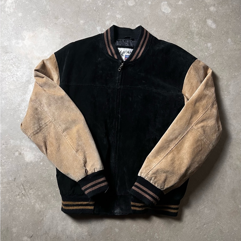 Black and Tan Bomber Jacket with Ribbed Details